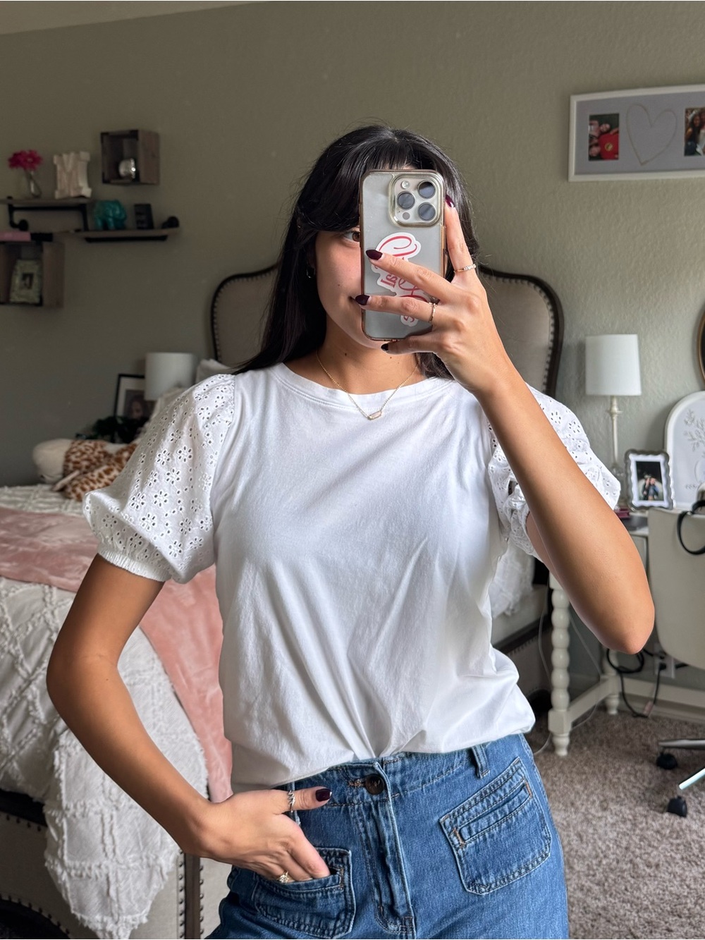 LOFT White Eyelet Puff Sleeve Tee